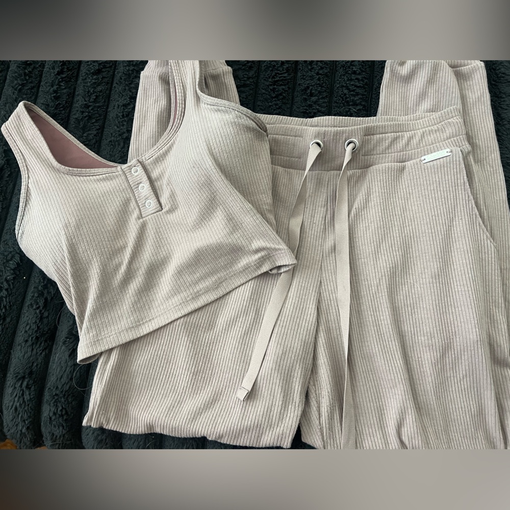 Bombshell Sportswear Beige Ribbed Track Pants & Crop Top Set